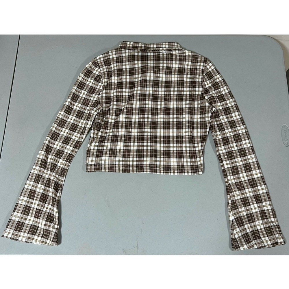 Brown Plaid Checkered Collared Button-Down Long S… - image 5